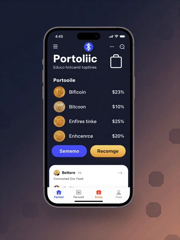 Mobile phone displaying cryptocurrency wallet app interface with dark theme, showing portfolio balance, coin list, transaction feed, and connected hardware wallet indicator