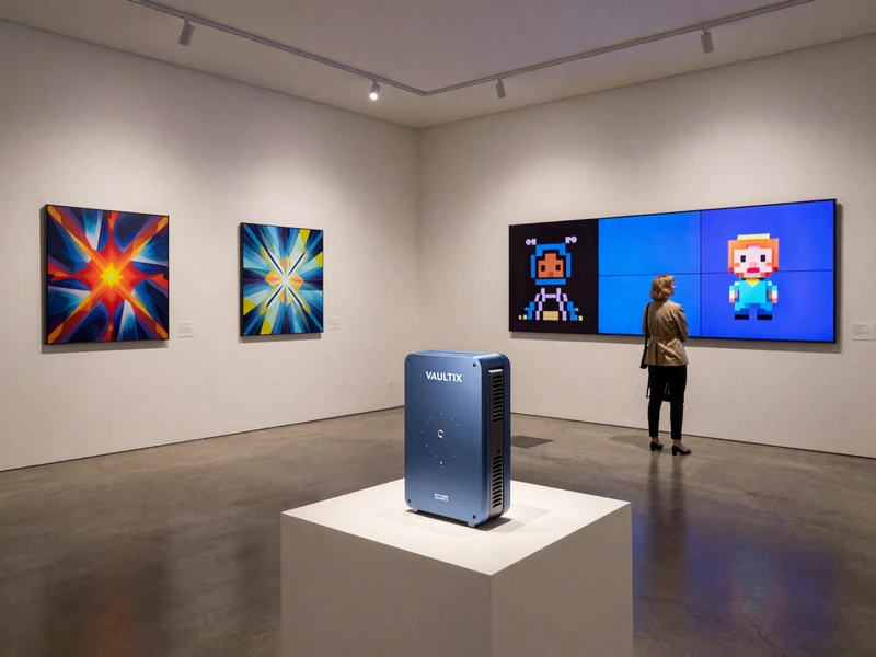 NFT art gallery display with valuable digital collectibles on screens and Vaultix hardware wallet on pedestal, demonstrating secure cold storage solution for high-value NFT collections worth thousands to millions