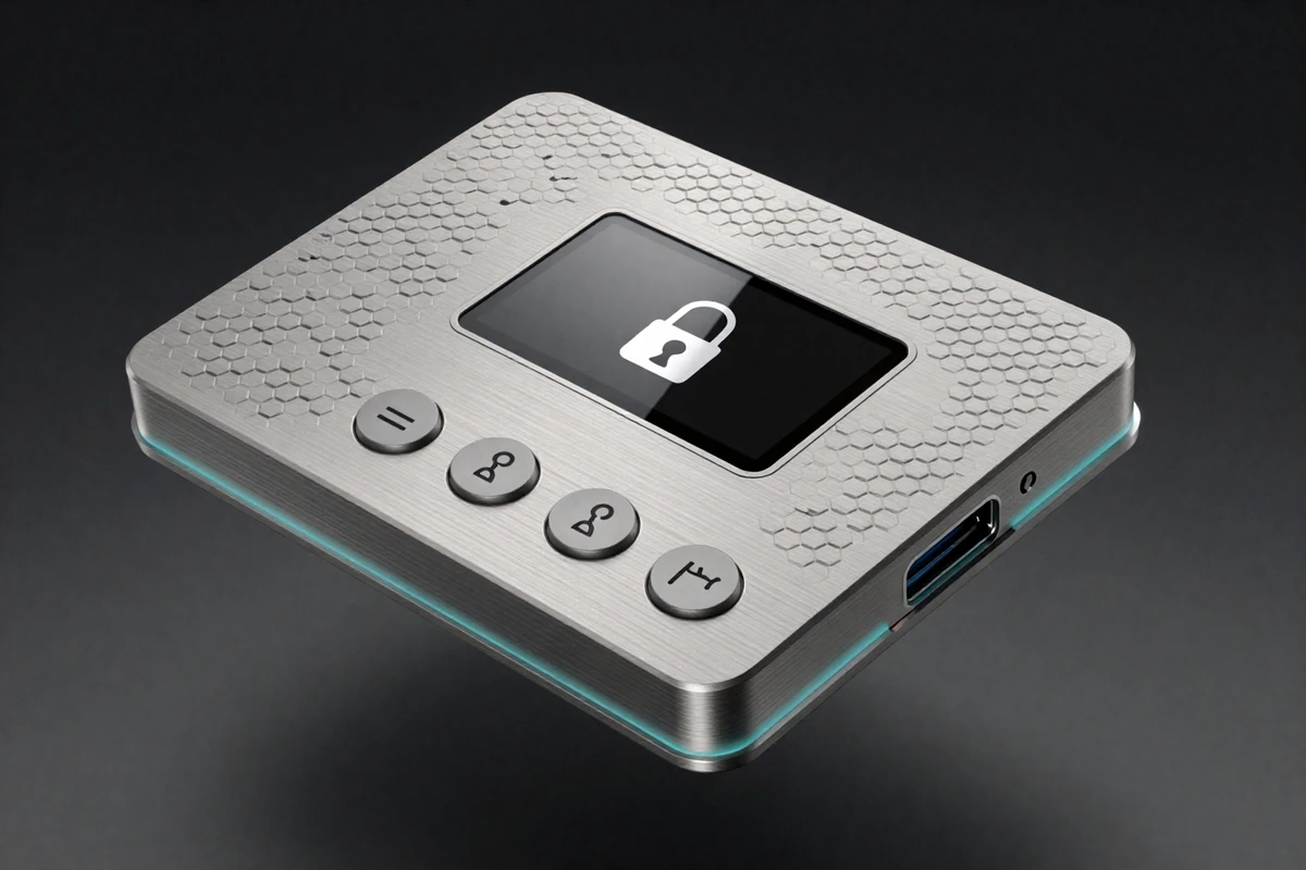 3D render of Vaultix hardware wallet showing sleek metallic design with hexagonal pattern and OLED screen