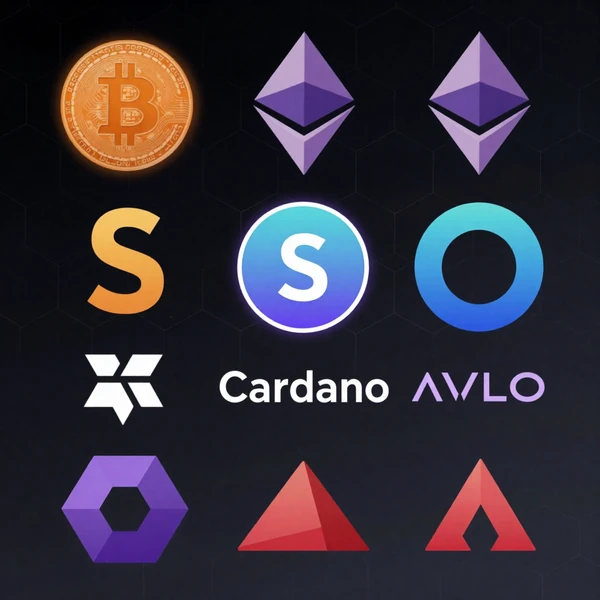 Grid of supported cryptocurrency logos including Bitcoin, Ethereum, Solana, Cardano, Polygon, and Avalanche arranged in technical layout with hexagonal background pattern