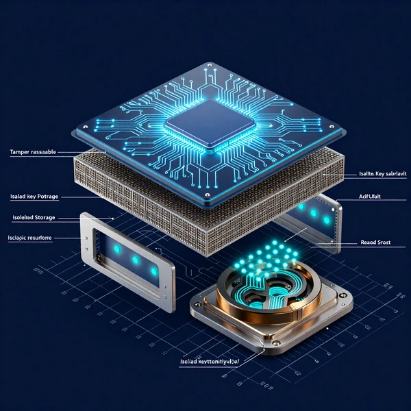 Exploded view technical diagram of Vaultix Secure Element chip architecture showing tamper-resistant layers, cryptographic processor core, isolated key storage vault, and hexagonal circuit pathways with measurement callouts