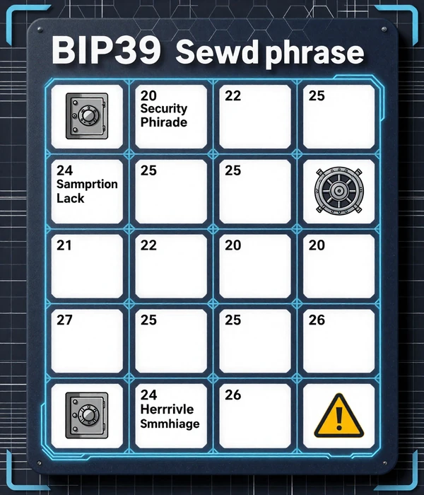 Technical diagram of BIP39 seed phrase recovery card showing 24 numbered word slots in 4x6 grid layout with industrial blueprint styling, hexagonal background pattern, and secure storage icons