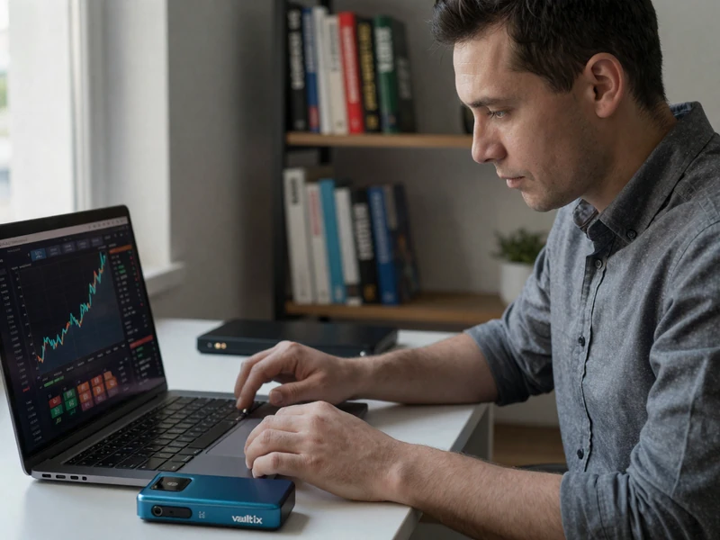 Long-term cryptocurrency holder reviewing multi-year portfolio gains on laptop with Vaultix hardware wallet on desk, demonstrating secure wealth management practices for large digital asset positions