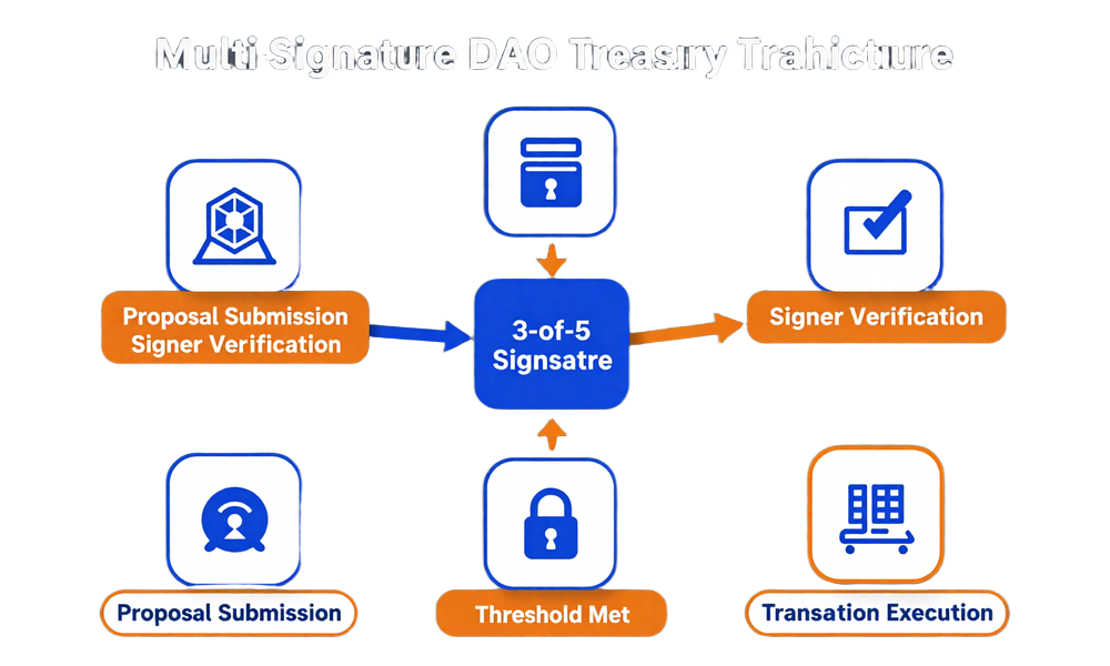 Multi-signature DAO treasury architecture diagram showing Vaultix hardware wallets integrated with Gnosis Safe smart contract, illustrating 3-of-5 threshold signature workflow with audit trail and governance proposal execution stages