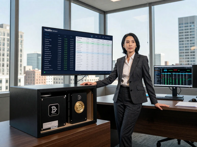 Corporate CFO in executive office reviewing cryptocurrency treasury dashboard with Bitcoin and stablecoin reserves, Vaultix hardware wallet secured in enterprise safe, demonstrating institutional-grade business cryptocurrency management
